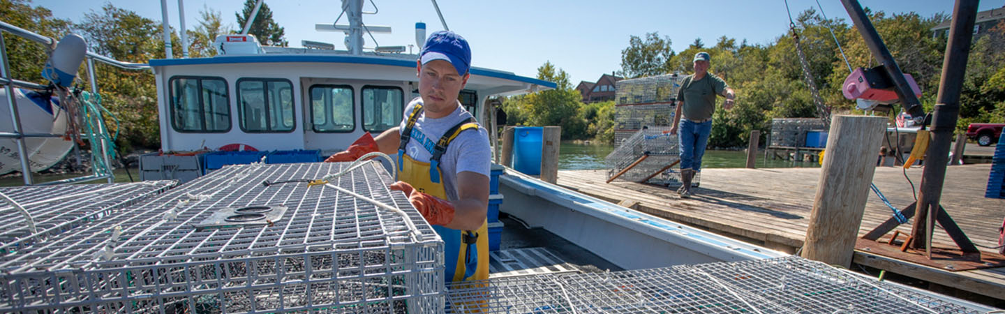 Lobstermen loading lobster traps on a boat