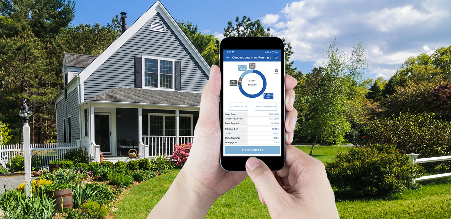 A pair of hands holding a smartphone with the Bar Harbor Mortgage app displayed